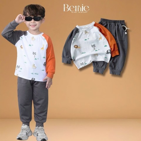 Set bộ thun cotton tay raplang dài phối màu cho bé trai họa tiết in tràn kèm quần dài 9 tới 28kg BERNIE T0725B52