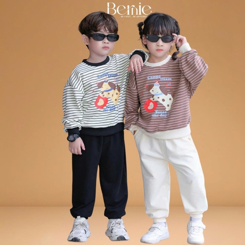 Set bộ nỉ tay dài kẻ sọc ngang phối màu họa tiết hình in cún dễ thương kèm quần dài unisex bé trai bé gái size 1 đến 7 tuổi BERNIE H0625B21