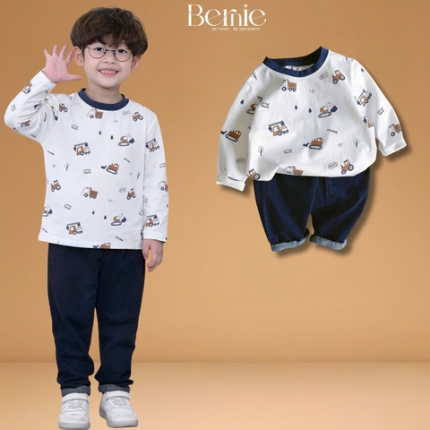 Set bộ thun cho bé trai tay dài áo thun họa tiết in trần xe cẩu kèm quần dài da cá size 9 tới 28kg BERNIE H0725B43