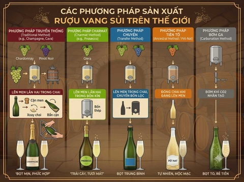 Tìm hiểu quá trình sản xuất rượu vang sủi bọt và Champagne