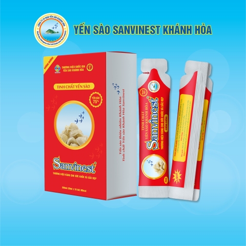 Tinh chất Yến sào Khánh Hòa Sanvinest Không đường. Hộp 10 túi 20ml tiện lợi, dùng ngay, hấp thụ tối đa dưỡng chất.