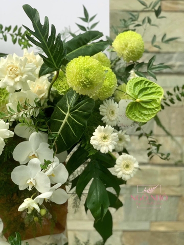 Kệ hoa chúc mừng tông xanh lá & trắng