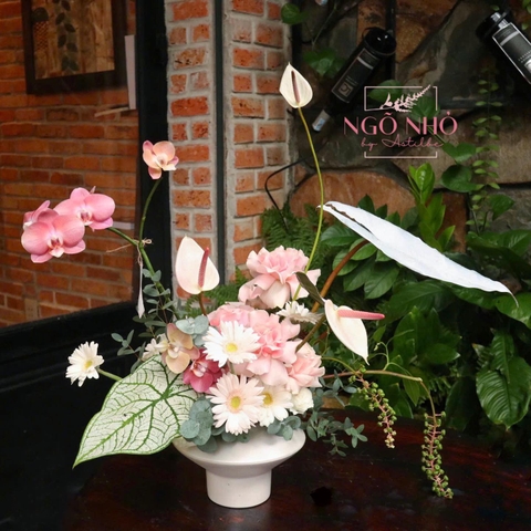 Bình hoa/cup hoa tông hồng pastel: Lan Hồ Điệp mix Hồng Môn