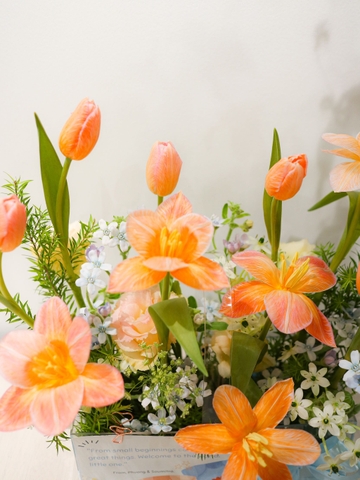 Giỏ Mica Tone Cam | Hoa Tulip Cá Hồi Phối Hoa Nhập Khẩu