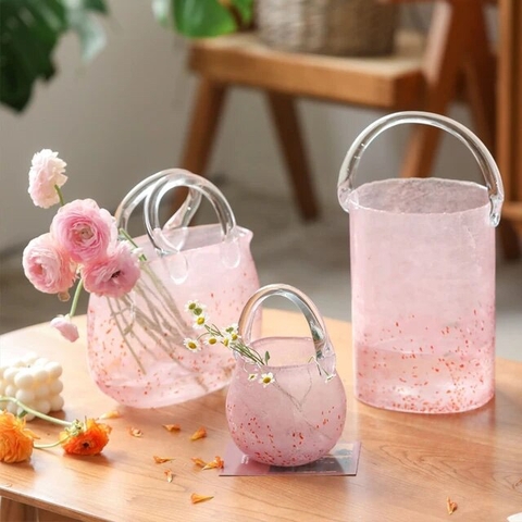 Bình Hoa Thủy Tinh Sakura  - Màu Hồng, Có Quai Xách Cao Cấp [Phong Cách Nhật Bản]