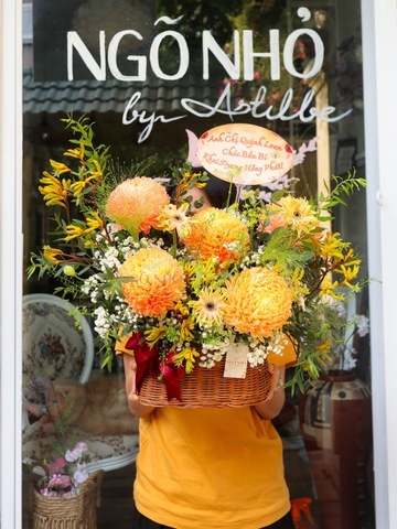 Giỏ Hoa Cúc Mẫu Đơn Tone Cam - Khai Trương 869