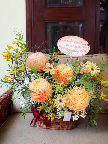 Giỏ Hoa Cúc Mẫu Đơn Tone Cam - Khai Trương 869