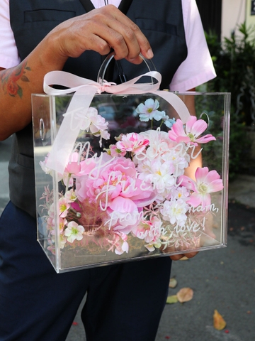 Hộp Hoa Lụa Mica | Vali Hoa Tone Hồng 248