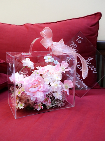 Hộp Hoa Lụa Mica | Vali Hoa Tone Hồng 248