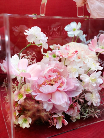 Hộp Hoa Lụa Mica | Vali Hoa Tone Hồng 248