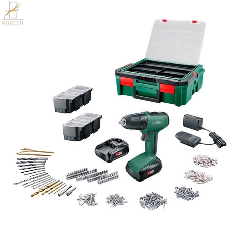 Bộ dụng cụ khoan Bosch UniversalDrill18 (2×1.5 Ah) + Systembox + 241 pcs. AC