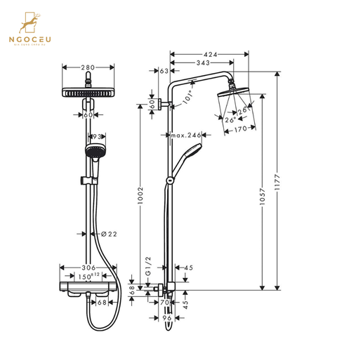 Bộ sen cây bát vuông 3 vòi Hansgrohe Croma E 280 Showerpipe - 27630000