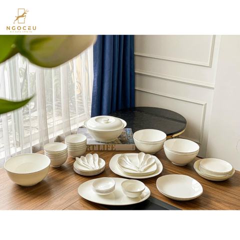 Bộ bát sứ 50 món gồm set thìa Imperial - Trắng viền bạc