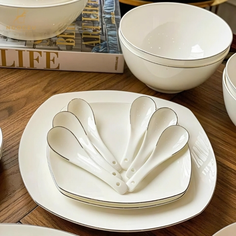 Bộ bát sứ 50 món gồm set thìa Imperial - Trắng viền bạc