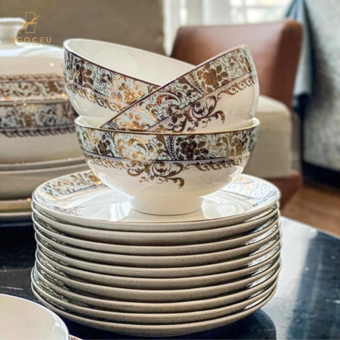 Bộ bát sứ 50 món gồm set thìa Imperial - Xanh ngọc dây vàng