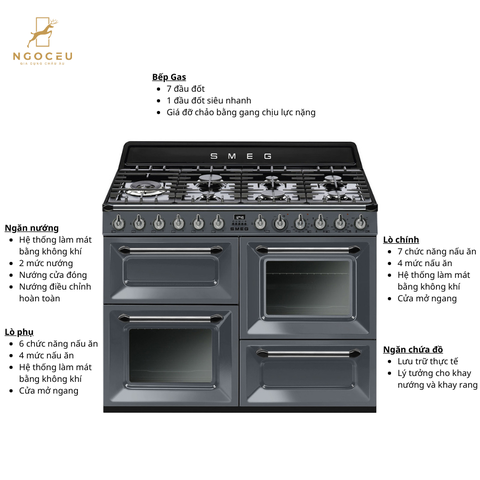 Bếp gas hỗn hợp kèm lò nướng Smeg TR4110GR - 110cm