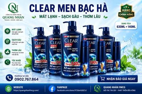 DẦU GỘI CLEAR MEN COOL SPORT BẠC HÀ 630G TẶNG KÈM DG 140G) x 8 BỘ