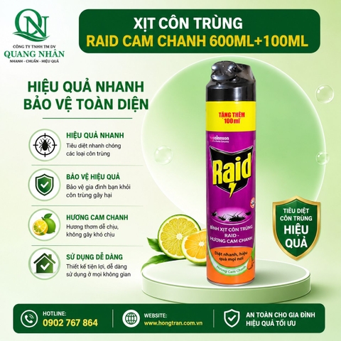 XỊT CÔN TRÙNG RAID CAM CHANH 600ML+100ML X 12 CHAI