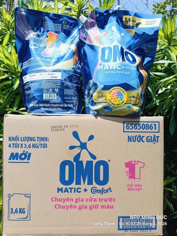 NƯỚC GIẶT OMO MATIC CỬA TRƯỚC CHUYÊN GIA GIỮ MÀU 3.6KG x 4 TÚI