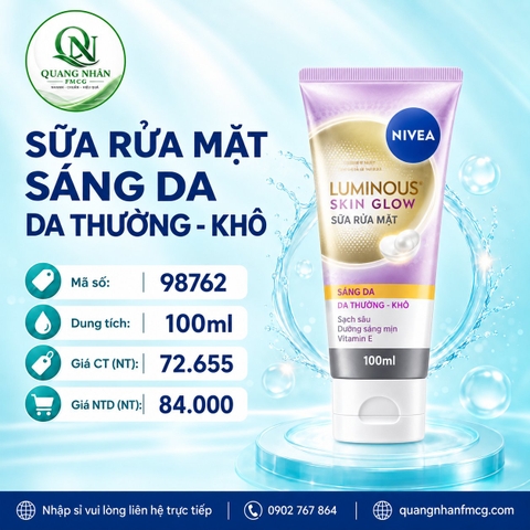 98762 - SỮA RỬA MẶT NIVEA NỮ LUMINOUS DA KHO 100ML x 24 tuýp