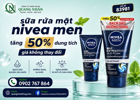 83981 SỮA RỬA MẶT NIVEA NAM EXTRA BRIGHT MUD 100G +50G x 24 CHAI