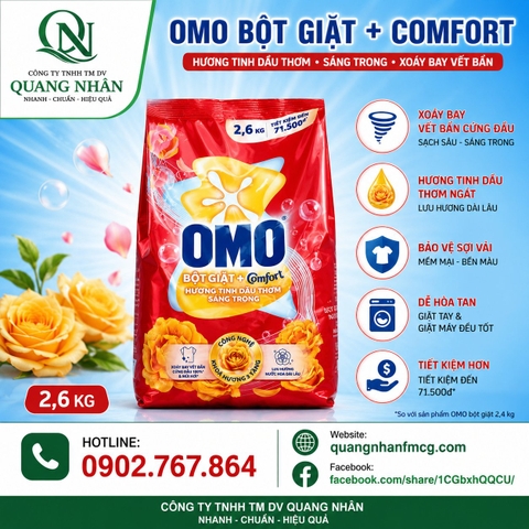 BỘT GIẶT OMO COMFORT TINH DẦU THƠM NỒNG NÀN 2.6KG X 4 TÚI