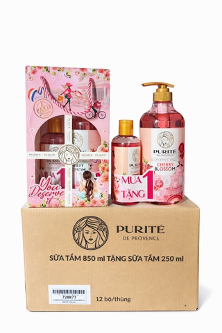 SỮA TẮM THIÊN NHIÊN PURITE CHERRY BLOSSOM HƯƠNG HOA ANH ĐÀO850ml+ 250ml /12 bộ/THÙNG