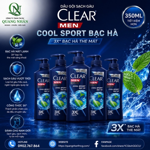 DẦU GỘI CLEAR MEN COOL SPORT BẠC HÀ 350ML x 24 CHAI