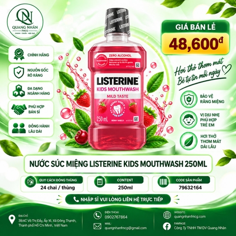 Nước Súc Miệng Listerine Kids Mouthwash with berry shield 250ml x 24 Chai