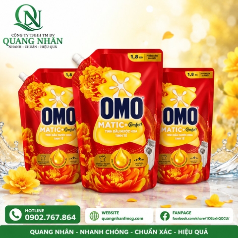 NƯỚC GIẶT OMO MATIC + COMFORT CỬA TRÊN TINH DẦU NƯỚC HOA TINH TẾ 1.8KG X 4 TÚI