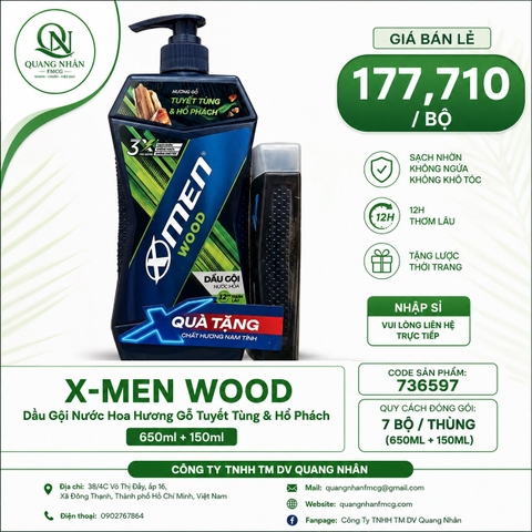 DẦU GỘI NƯỚC HOA XMEN WOOD 12h sạch sâu 650ML +150ml x 12 CHAI