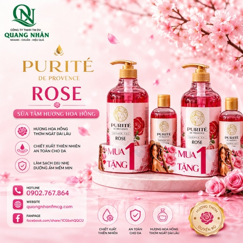SỮA TẮM THIÊN NHIÊN PURITE HƯƠNG HOA HỒNG 850ml+250ml/́12 bộ