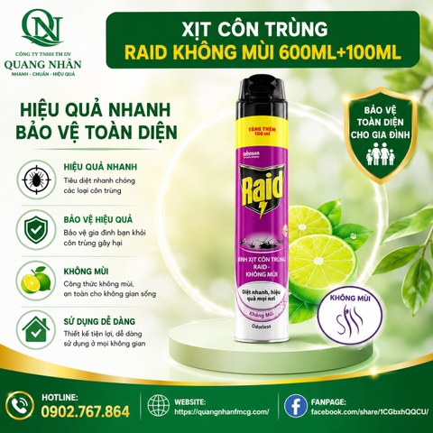 XỊT CÔN TRÙNG RAID KHÔNG MÙI 600ML+100ML X 12 CHAI