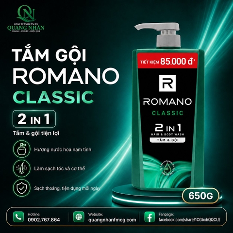 TẮM GỘI ROMANO CLASSIC ( MÀU XANH ) 650ML +25% x 12 Chai / Thùng