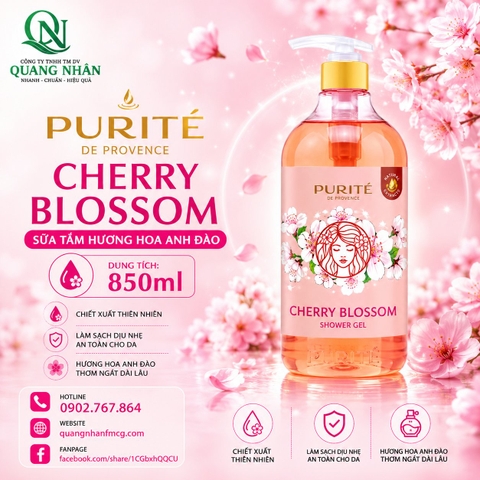 SỮA TẮM THIÊN NHIÊN PURITE CHERRY BLOSSOM HƯƠNG HOA ANH ĐÀO 850mL * 12 CHAI