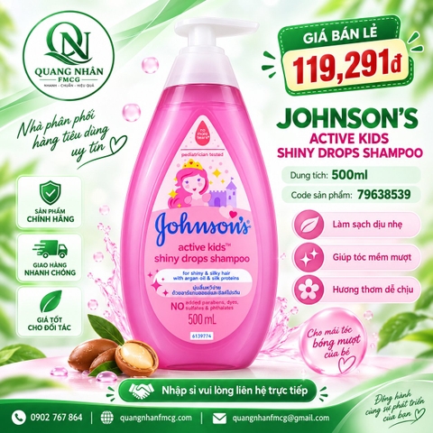 Dầu Gội johnson active kid shiny drops 500ml (hồng) x 12 Chai