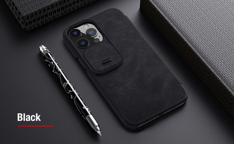 Bao da mở nắp có nắp trượt bảo vệ camera Nillkin QIN cho iPhone 13 Series