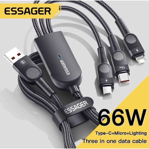 Cáp sạc nhanh PD 66W ESSAGER 3 trong 1 (USB-A ra Micro USB + Type C + Lightning) 1,2M