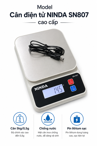 Cân tiểu ly nhà bếp chống nước NINDA SN807 cao cấp tải 5kg/0,5g độ chính xác cao dùng cho nhà bếp, gia đình, quán ăn