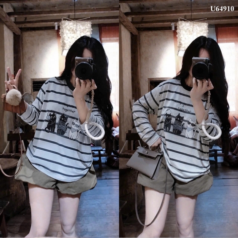 A648- Áo thun giấy dài tay trắng kẻ ngang freesize