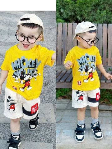 ✌🏻BT526- bộ áo cotton Mickey vàng mix quần cua tăm nhung tag đỏ