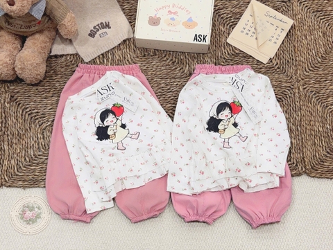 BT1080-Bộ áo hoa babydoll phối quần bo gấu hồng cho bé