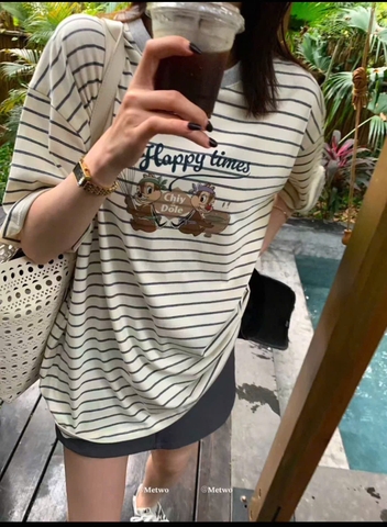 Set667- Bộ kẻ ngang viền bèo chất cotton dáng cộc