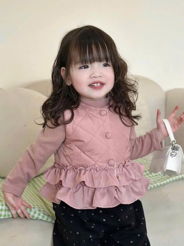 SETKID0550-Set áo phao trần bèo mix áo nỉ hồng bé gái