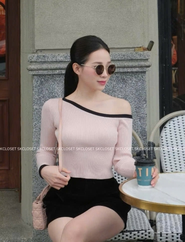 A346- Áo len lệch vai 3 màu viền cổ full tem