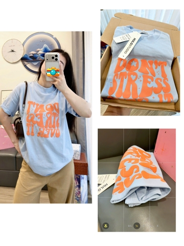 A519-Áo thun suông  xanh chữ cam mẫu mới hot 2026