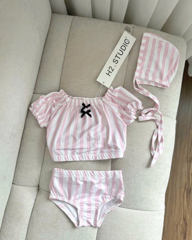 BT525- Bộ bơi bikini bé gái sọc hồng kèm mũ