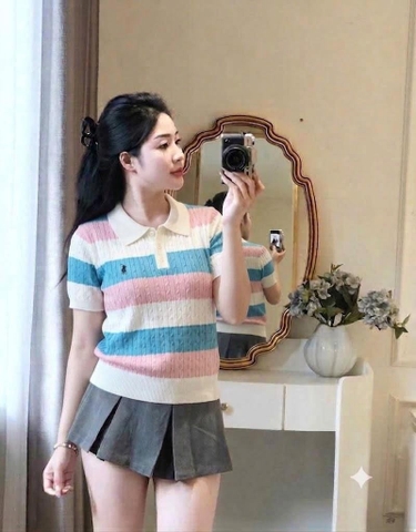 A711- Áo len cộc tay kẻ ngang xanh hồng hàng nhà máy đủ tem
