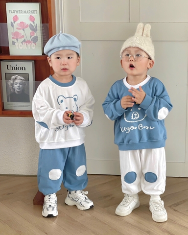 BT733- Combo 2 bộ nỉ bé trai phối màu xanh trắng