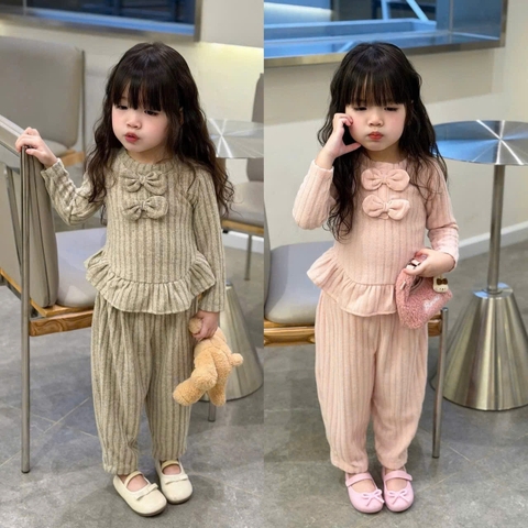 BT744- Bộ len lông nơ trước màu trơn 3 màu bé gái